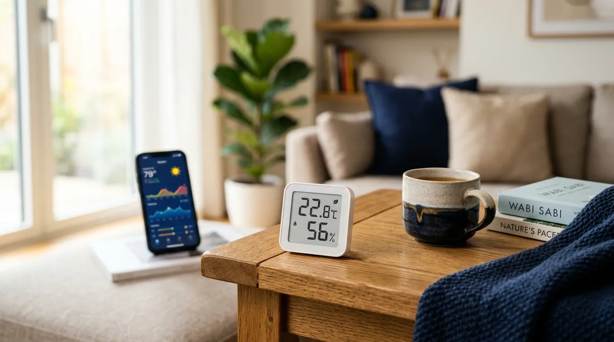 Termómetro e higrómetro inteligente WiFi sobre mesa de madera